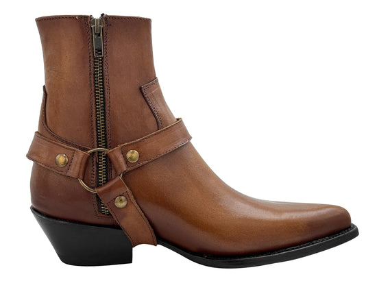 Tan Leather Slip On Harness Chelsea With Zipper Pointed Boots - Boots