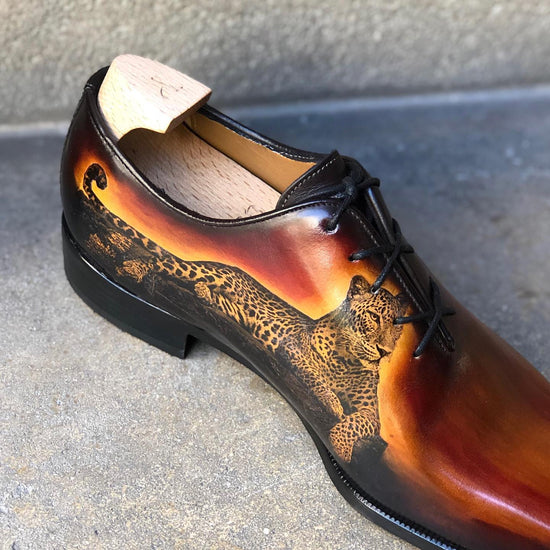 Brown Leather Special Leopard Edition Wholecut Shoes - Formal Shoes