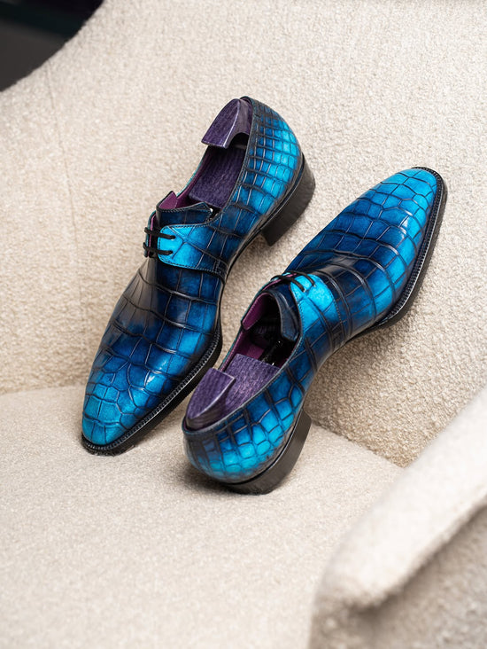 Blue Italian Croc Leather Patina Cachemire Derby - Formal Shoes