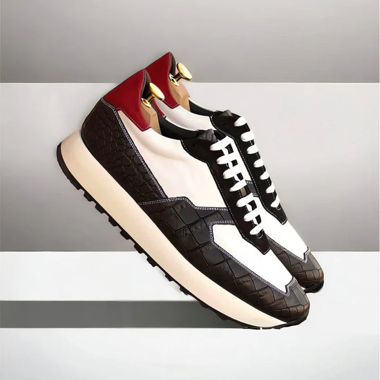 Black Alligator and White Leather Low Top Lace Up Running Chunky Trainer Sneakers With White Sole - Sneaker Shoes