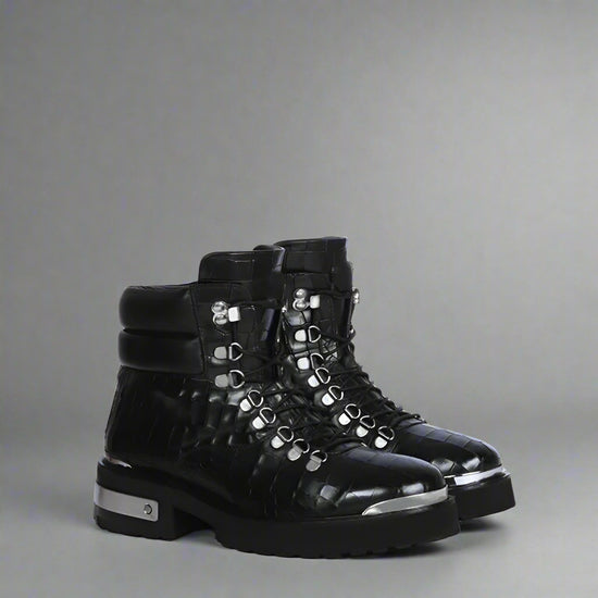 BLACK CROC LEATHER LACE UP BOOTS WITH METAL PLATES - CHELSEA BOOTS