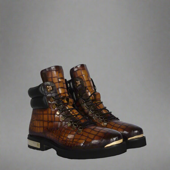 BROWN CROC LEATHER LACE UP BOOTS WITH METAL PLATES - CHELSEA BOOTS