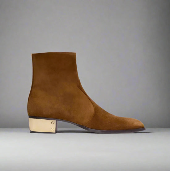 BROWN SUEDE LEATHER SLIP ON CHELSEA BOOTS WITH ZIPPER AND GOLDEN HEEL PLATE - CHELSEA BOOTS