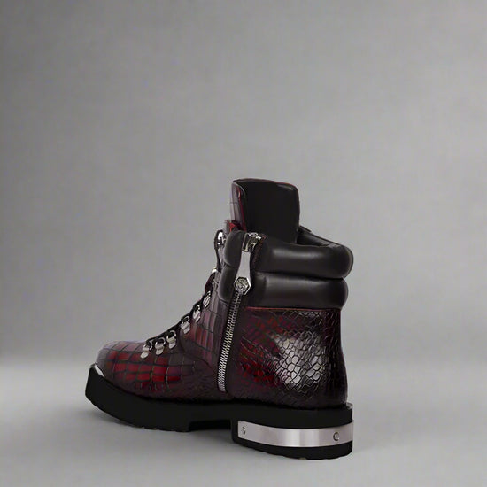 BURGUNDY CROC LEATHER LACE UP BOOTS WITH METAL PLATES - CHELSEA BOOTS