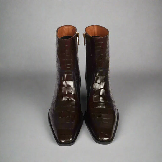 BURGUNDY CROC LEATHER SLIP ON CHELSEA BOOTS WITH ZIPPER - CHELSEA BOOTS