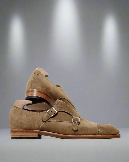 Beige Italian Suede Leather Double Monkstrap Shoes - Formal Shoes