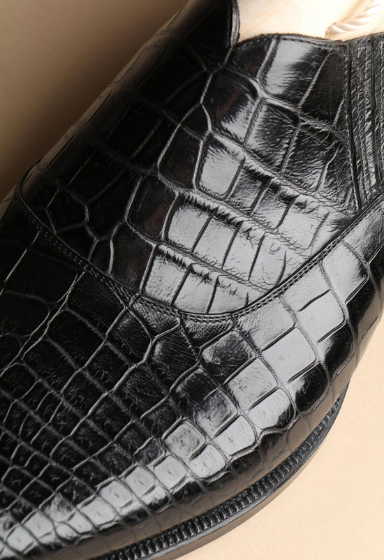 Black Alligator Leather Midara Slip On Elasticated Loafers With Brogue - Formal Shoes