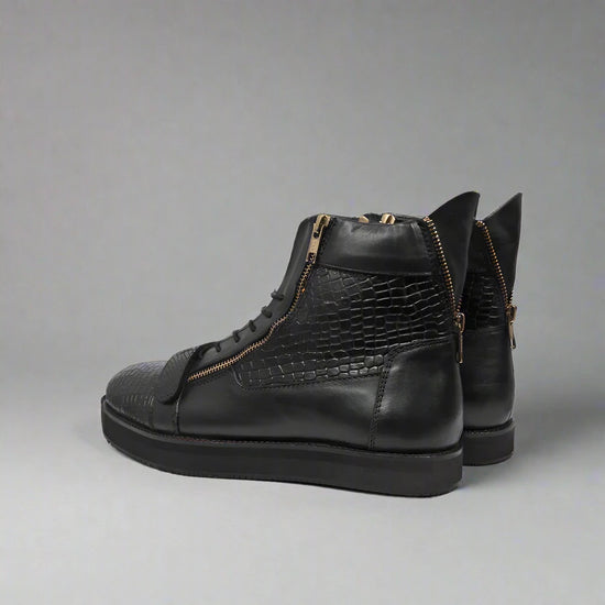 Black Alligator Leather and Black High Top Lace Up Sneakers With Black Sole - Sneaker Shoes