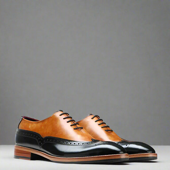 Brown and black dress shoes on a white background