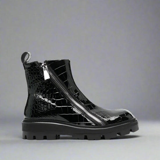 Black Croc Leather Appoggio Ankle Rugged Zipper Combat Hiking Boots with Chunky Track Sole - Boots