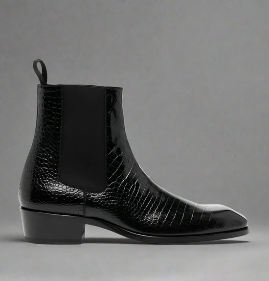 Black Croc Print Leather Amarante Slip On Boots - Boots
