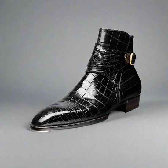 Black Croc Print Leather Amarante Slip On Jodhpur Boots - Boots