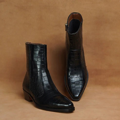 Black Croc Print Leather Fiorina Slip On Zipper Pointed Boots for Men - Boots