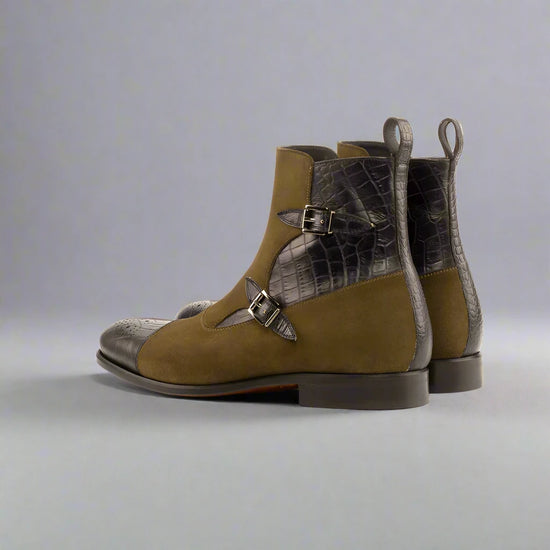 Black Crocodile Print Italian Leather And Green Suede Campinas Slip On Zipper Boots - Alligator Print - Boots