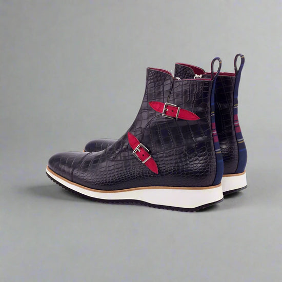 Black Crocodile Print Italian Leather Campinas Slip On Zipper Boots With Sneakers Sole - Alligator Print - Boots