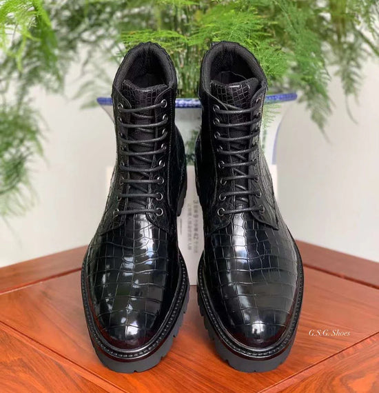 Black Crocodile Print Leather Caxias Derby Boots - Boots