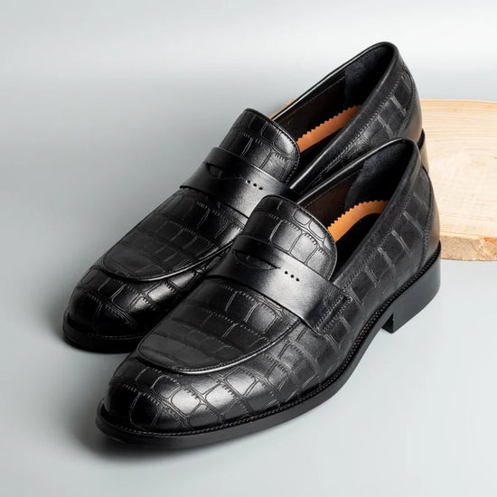 Black Crocodile Print Leather Holroyd Slip On Penny Loafers - Loafers Shoes