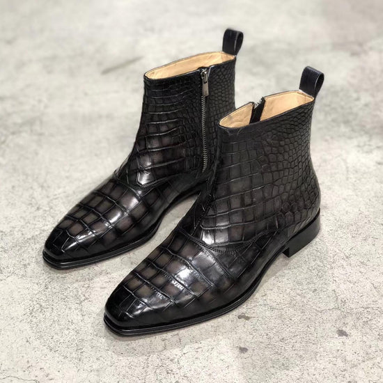 Black Crocodile Print Leather Slip On Zipper Boots - Alligator Print - Boots