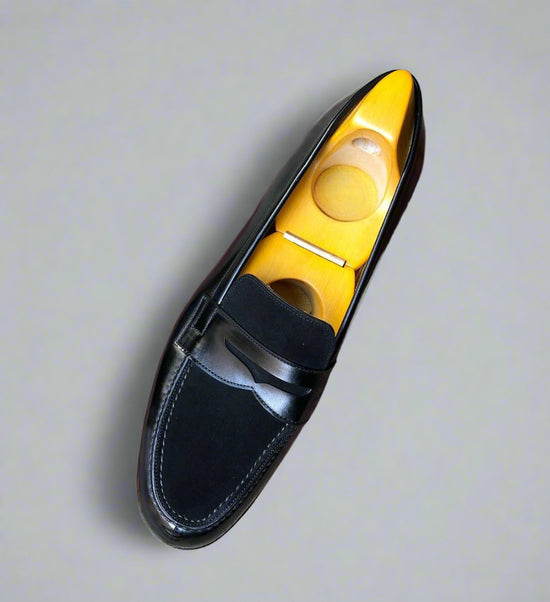 Black Italian Leather And Suede Leather Penny Loafers - Loafers Shoes - ITAXL02