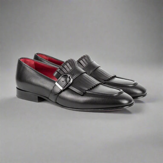 Black Italian Leather Lysandra Tassel Loafers With Monk Strap - Loafers Shoes