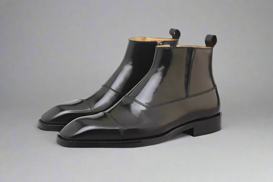 Black Italian Leather Toe Cap Side-Zip Ankle Boots - Chelsea Boots