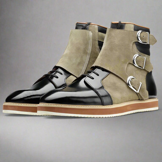 Black Italian Leather Triple Monkstrap Boots Sneakers Shoes - Boots - Monk Shoes