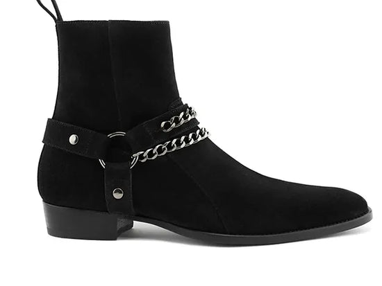 Black Italian Suede Ravian Harness Chelsea Boots with Chains - Chelsea Boots
