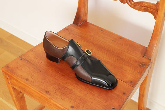 Black Leather And Brown Raindear Leather Double Monk Strap Shoes - Monk Shoes - Formal Shoes