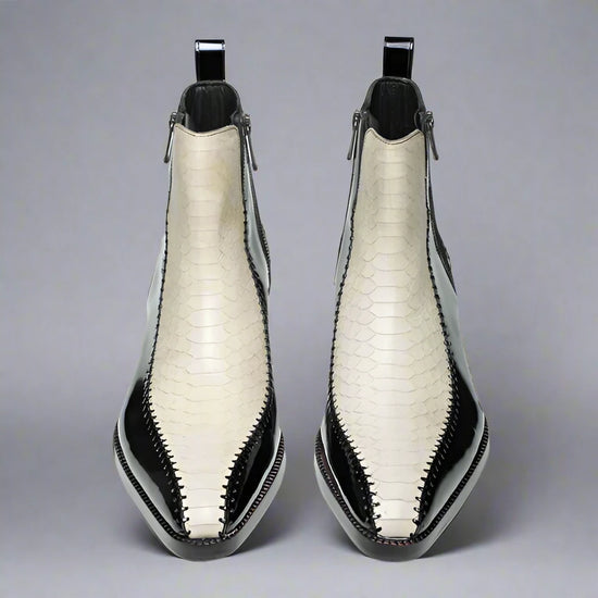 Black Leather And White Croc Draven Zipper Boots - Boots