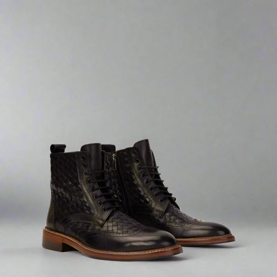 Black Leather Braided Barletta Lace Up Brogue Wingtip Oxford Boots - Boots