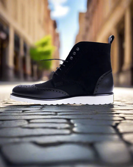 Black Leather Dawson Brogue Wingtip Lace Up Boots With Sneaker Sole - Boots
