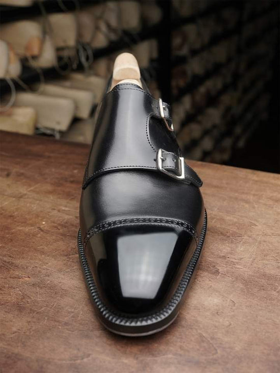 Black Leather Double Monk Strap Toe Cap Shoes - Monk Shoes - Formal Shoes