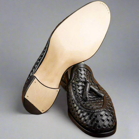 Black Leather Emeric Braided Slip On Round Toe Loafers Shoes - Loafers Shoes