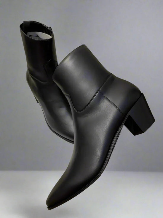 Black Leather Fiorina Slip On Zipper Pointed Boots for Men - Boots