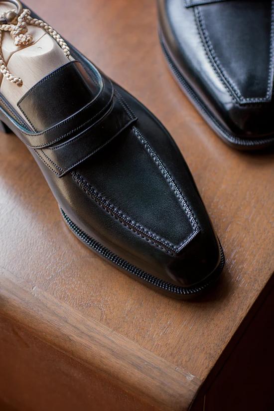 Black Leather Ibiza Slip On Crossed Component Loafers - Loafers