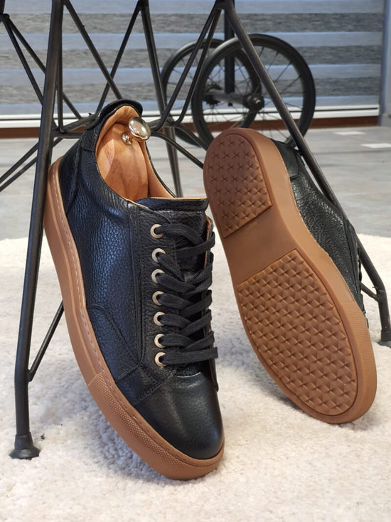 Black Leather Low Top Lace Up Sneakers with Brown Sole - Sneaker Shoes