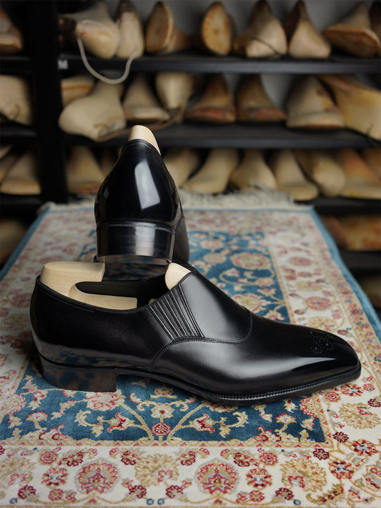 Black Leather Midara Slip On Elasticated Loafers With Brogue - Formal Shoes