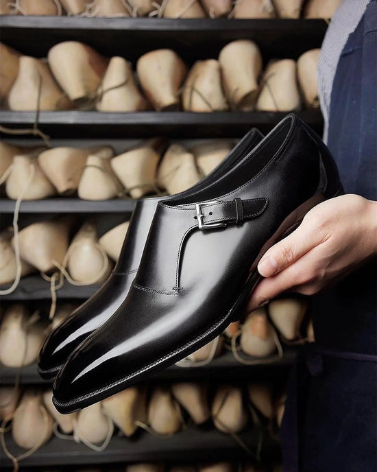 Black Leather Single Monk Strap Whole Cut Shoes - Monk Shoes - Formal Shoes