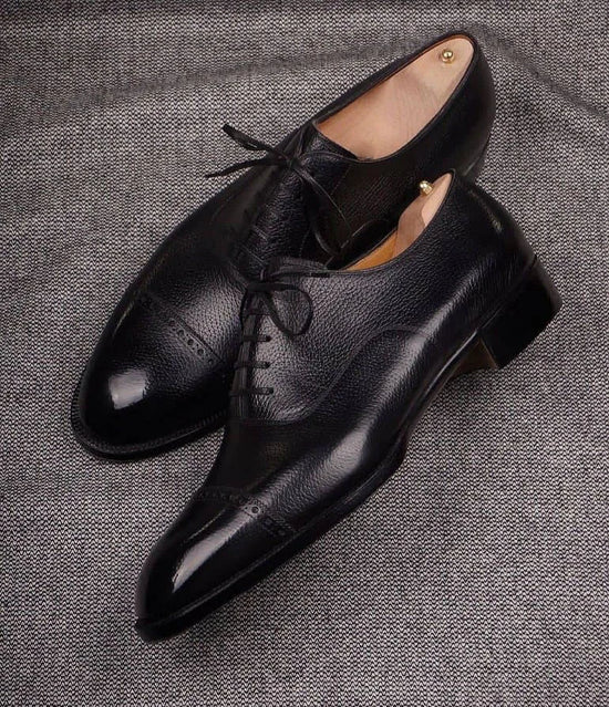Black Leather Vinto Brogue Toe Cap Oxford Shoes - Formal Shoes