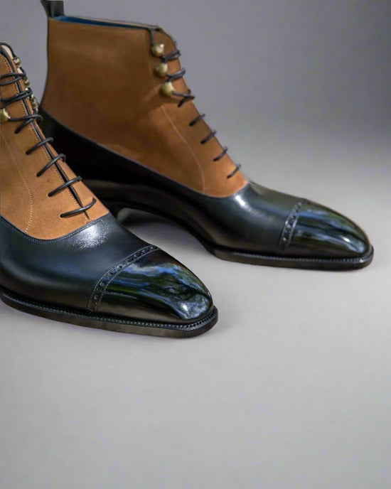 Black Leather and Suede Orvieto Lace Up Toe Cap Brogue Oxford Boots - Boots