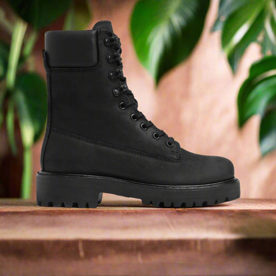 Black Nubuck Leather Allegro Ankle Rugged Lace Up Combat Hiking Boots with Chunky Track Sole - Boots