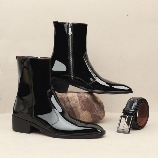 Black Patent Leather Alice Slip On Zipper Boots for Men - Boots