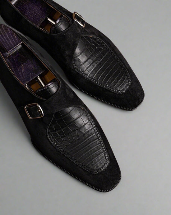 Black Suede And Alligator Italian Leather Single Monkstrap Shoes - Formal Shoes - Monk Shoes