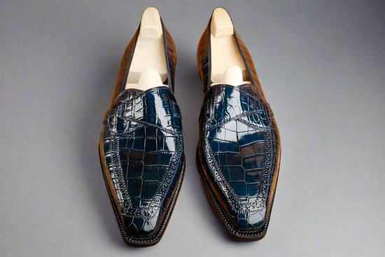 Blue Croc Leather Bespoke Hunter lbiza Slip On Cross Component Loafers - Loafers Shoes