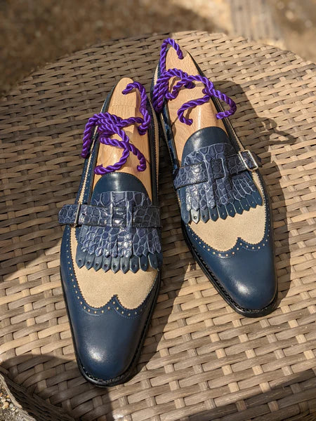Blue Italian Alligator Leather And Beige Libraria Tassel Loafers With Monk Strap - Loafers Shoes - LM2