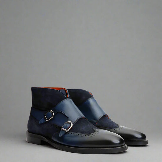Blue Italian Leather Double Monkstrap Chukka Boots Shoes - Boots - Monk Shoes