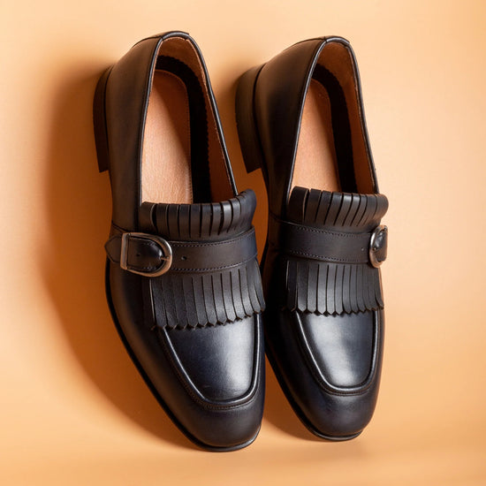Blue Italian Leather Lysandra Tassel Loafers With Monk Strap - Loafers Shoes