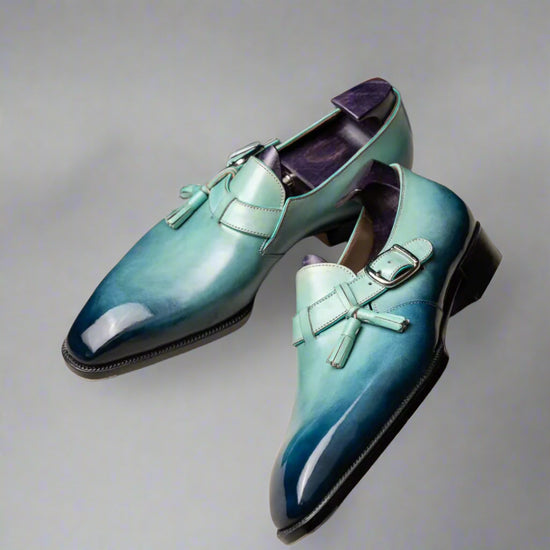 Blue Italian Leather Patina Finish Monkstrap Shoes - Formal shoes - Monk Shoes