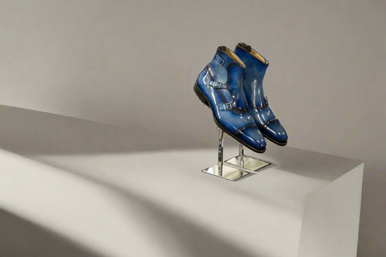 Blue Italian Leather Triple Monkstrap Chelsea Boots Shoes With Zipper - Boots - Monk Shoes