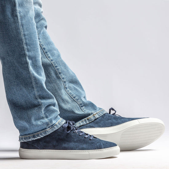 Blue Italian Suede Leather Low Top Lace Up Sneakers with White Sole - Sneaker Shoes